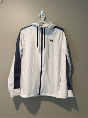 Under Armour Women’s White Zip-Up Hooded Jacket with blue mesh panels